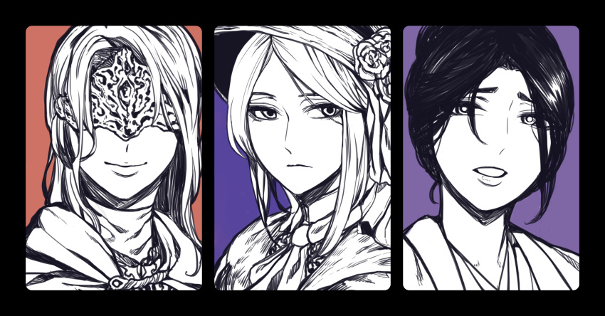 3girls absurdres blindfold bloodborne closed_mouth commentary_request covered_eyes dark_souls_(series) dark_souls_iii emma_the_gentle_blade facing_viewer fire_keeper greyscale_with_colored_background highres long_hair looking_at_viewer medium_hair multiple_girls nattapuumuu open_mouth parted_bangs plain_doll purple_background red_background sekiro:_shadows_die_twice simple_background smile