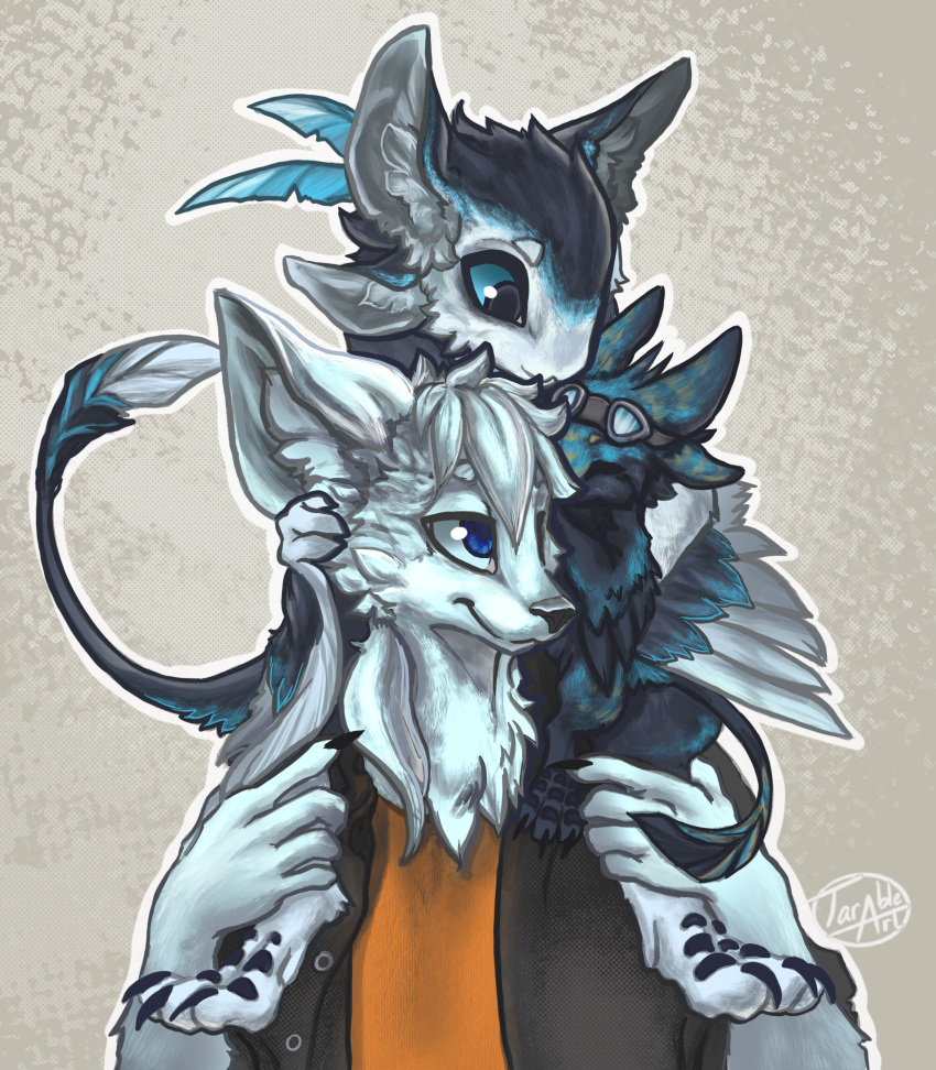 3_fingers 3_toes 4_ears 5_fingers absurd_res age_difference anthro arctic_fox avali big_ears big_eyes braid_(k'braid) canid canine carrying_another clothing eili_(k'braid) eyewear eyewear_on_head feather_hair feathered_wings feathers feet female fingers fox fur goggles goggles_on_head group hair hi_res male mammal multi_ear piggyback ponytail pseudo_hair shirt tarable_art toes topwear trio true_fox winged_arms wings young younger_female