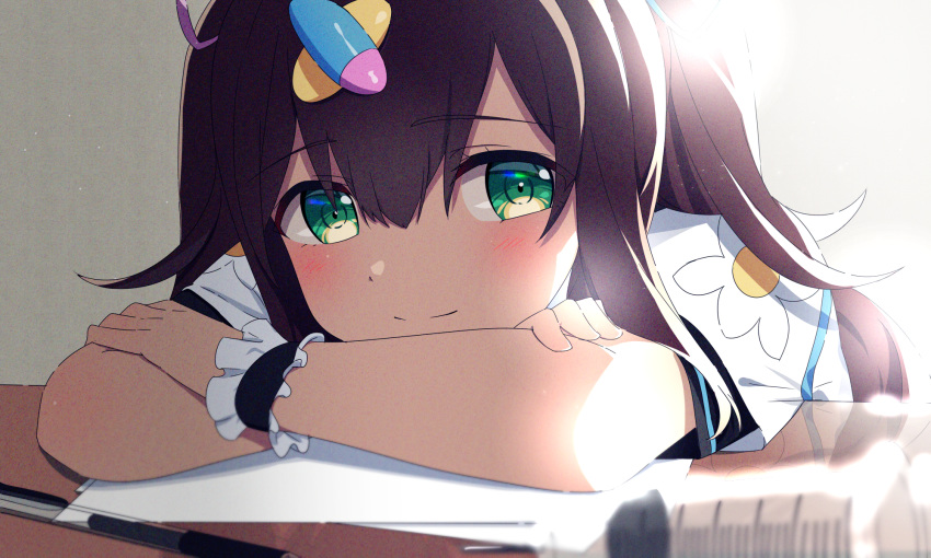 blush crossed_arms female green_eyes hanamori_healthy highres long_hair looking_at_viewer makoto_(bk69and7) melty+ paper pen portrait simple_background smile solo syringe table virtual_youtuber