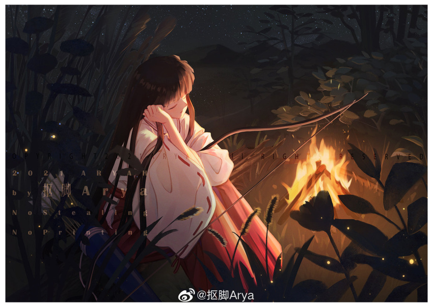 black_hair blunt_bangs bow_(weapon) campfire camping closed_eyes female fire flower hair_down hair_undone hakama inuyasha japanese_clothes kikyou_(inuyasha) kou_jiao_arya leaf long_hair miko mountain night outdoors plant sidelocks sitting sleeping vegetation weapon