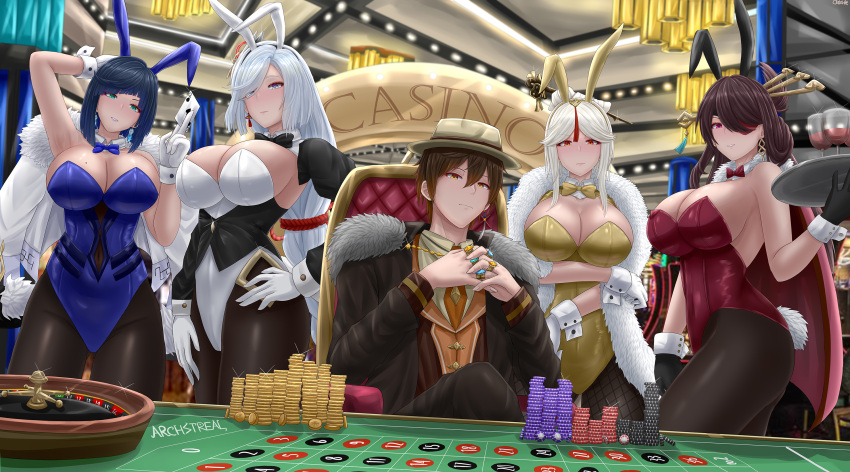 1boy 4girls animal_ears archstreal arm_under_breasts arm_up armpits beidou_(genshin_impact) black_bow black_bowtie black_gloves black_legwear black_pantyhose blue_bow blue_bowtie blue_eyes blue_leotard blush bow bowtie breasts brown_hair casino chair cleavage closed_mouth covered_navel detached_collar earrings eyepatch fake_animal_ears fishnet_pantyhose fishnets genshin_impact gloves green_eyes hair_ornament hairpin hand_on_own_hip hat highres indoors jewelry large_breasts leotard long_hair long_sleeves looking_at_viewer mole mole_on_breast multiple_girls ningguang_(genshin_impact) pantyhose parted_lips playboy_bunny poker_chip purple_eyes red_bow red_bowtie red_eyes red_leotard ring roulette_table shenhe_(genshin_impact) sitting table thighs tray white_gloves white_leotard wrist_cuffs yelan_(genshin_impact) yellow_bow yellow_bowtie yellow_leotard zhongli_(genshin_impact)