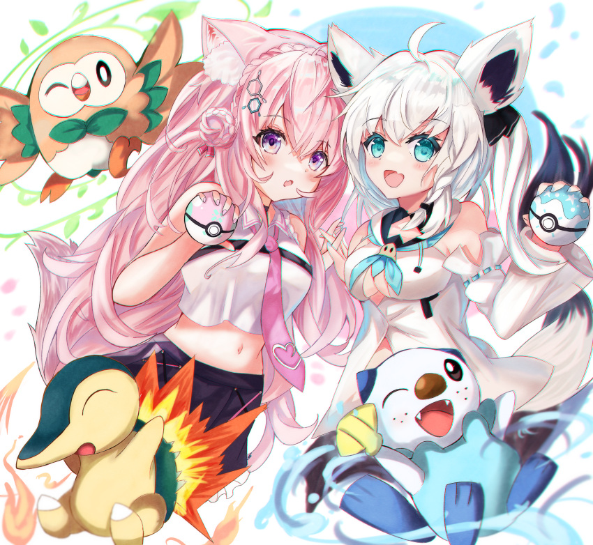 2girls absurdres ahoge animal_ear_fluff animal_ears black_skirt blue_neckerchief blush braid breasts commentary_request crop_top crown_braid cyndaquil fox_ears fox_girl fox_tail green_eyes hair_between_eyes hair_ornament hakui_koyori hakui_koyori_(1st_costume) highres holding_hands hololive hood hoodie long_hair looking_at_viewer midriff multiple_girls navel neckerchief necktie oerba_yun_fang open_mouth oshawott pink_hair pink_necktie pleated_skirt poke_ball pokemon pokemon_(creature) purple_eyes rowlet shirakami_fubuki shirakami_fubuki_(1st_costume) shirt side_ponytail sidelocks single_braid skin_fang skirt sleeveless sleeveless_shirt small_breasts smile soma443 tail virtual_youtuber white_hair white_hoodie white_shirt wolf_ears wolf_tail