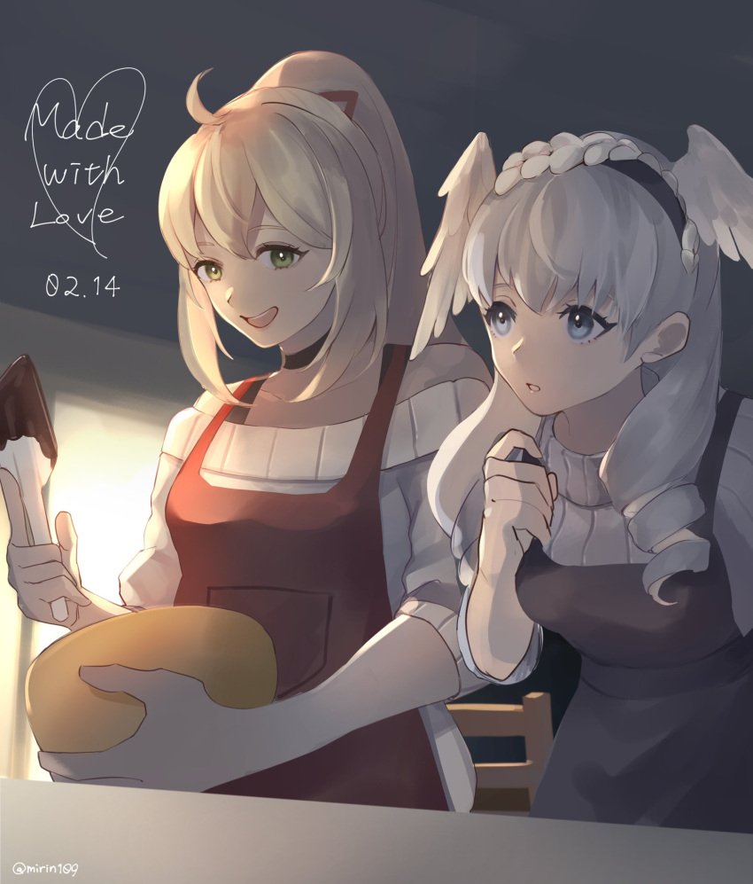 2girls blonde_hair blue_eyes blush braid candy chocolate cooking crown_braid dress fiora_(xenoblade) food happy_valentine head_wings highres melia_antiqua mirin. multiple_girls short_dress short_hair valentine white_hair wings xenoblade_chronicles_(series) xenoblade_chronicles_1