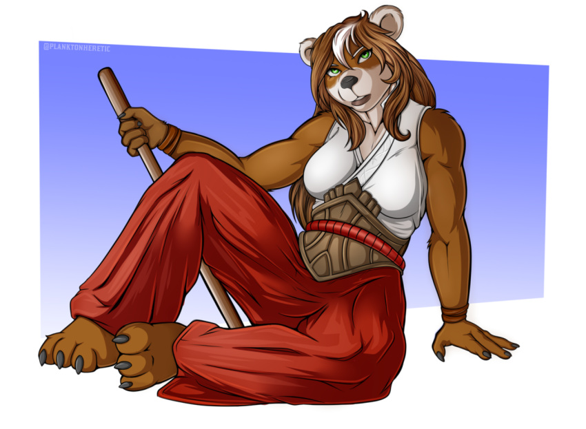 2020 anthro arm_support bear blizzard_entertainment breasts brown_body brown_fur brown_hair claws clothed clothing feet female finger_claws fur green_eyes hair holding_object holding_weapon mammal pandaren planktonheretic simple_background sitting solo toe_claws warcraft weapon