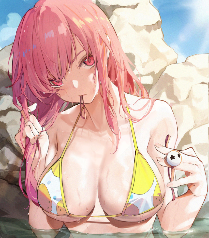 alternate_hairstyle azur_lane bare_arms bare_shoulders bikini blue_sky blush breasts chinese_commentary cleavage closed_mouth cloud collarbone commentary_request day dead_or_alive female hair_down hair_tie hair_tie_in_mouth highres holding honoka_(doa) honoka_(summer_angel_on_the_shore)_(doa) large_breasts long_hair looking_at_viewer luobo_(nsnr8754) mouth_hold outdoors partially_submerged pink_eyes pink_hair revision rock sky solo star_(symbol) swimsuit two-tone_bikini tying_hair upper_body water wet wet_hair yellow_bikini