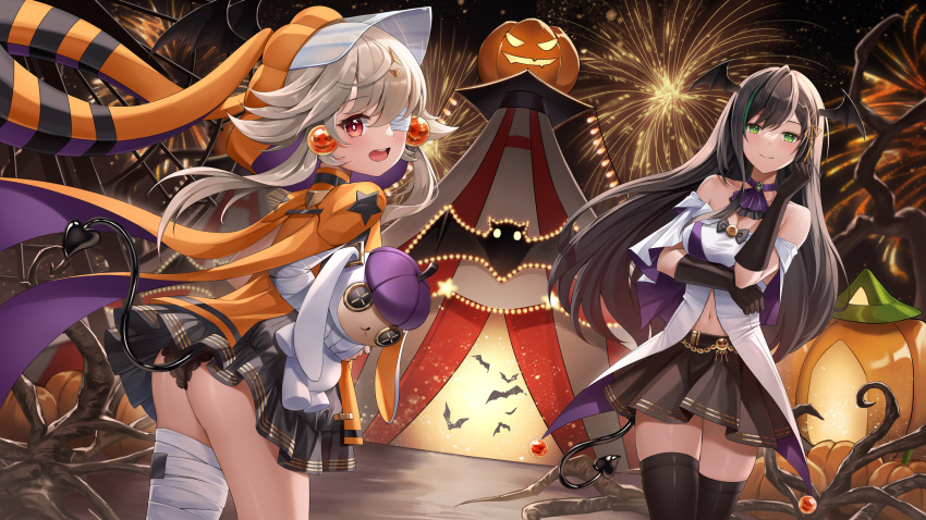 2girls aerial_fireworks alternate_costume bare_shoulders bat_(animal) black_hair blonde_hair breasts earrings elbow_gloves eyepatch fake_tail fireworks frills gloves green_eyes hair_ornament halloween highres holding holding_stuffed_toy hood hooded_jacket jacket jewelry lin_(tower_of_fantasy) long_hair looking_at_viewer lunacle medium_breasts miniskirt multiple_girls navel night open_mouth outdoors red_eyes ruby_(tower_of_fantasy) skirt smile stuffed_toy tail thighhighs tower_of_fantasy underwear