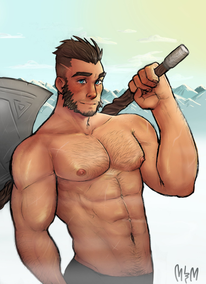 1boy abs alternate_body_hair arm_hair axe bara beard blue_eyes blush brown_hair chest_hair cowboy_shot cross_scar facial_hair gau_(king's_raid) hair_slicked_back hairy highres holding holding_axe king's_raid large_hands large_pectorals long_sideburns looking_at_viewer male_focus mature_male mountainous_horizon moustache mrcmgpntay muscular muscular_male navel navel_hair nipples over_shoulder pectorals scar scar_on_arm scar_on_chest short_hair sideburns smile solo stomach thick_eyebrows topless_male undercut veins veiny_arms weapon weapon_over_shoulder