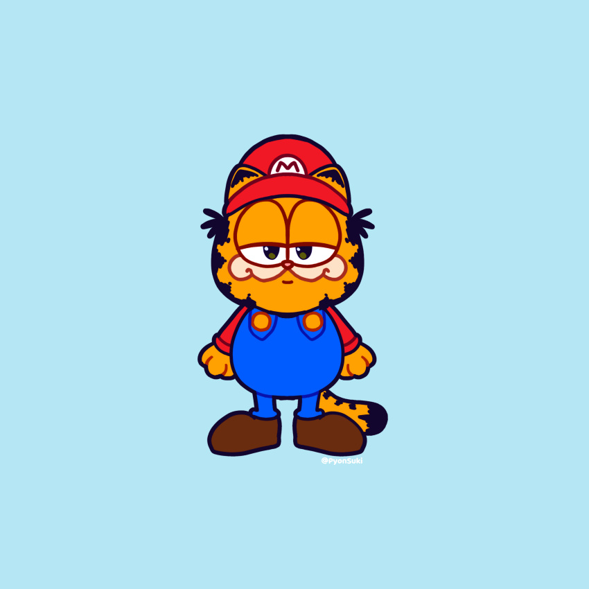 absurdres blue_background brown_eyes brown_footwear chris_pratt commentary cosplay english_commentary feline garfield garfield_(character) highres looking_at_viewer mario mario_(cosplay) mario_(series) mimiipyon no_humans overalls red_headwear solo tail the_super_mario_bros._movie voice_actor_connection