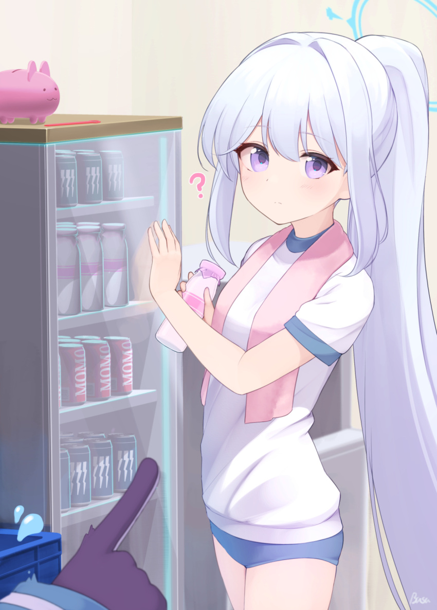 2girls ? basa_rutan black_gloves blue_archive blue_buruma blush bottle buruma can closed_mouth commentary_request energy_drink flying_sweatdrops gloves grey_hair gym_shirt gym_uniform hair_between_eyes hair_intakes halo highres holding holding_bottle indoors long_hair long_sleeves milk_bottle miyako_(blue_archive) monster_energy multiple_girls partial_commentary piggy_bank pointy_ears ponytail purple_eyes saki_(blue_archive) shirt short_sleeves sidelocks sleeves_past_wrists solo_focus towel towel_around_neck very_long_hair white_shirt