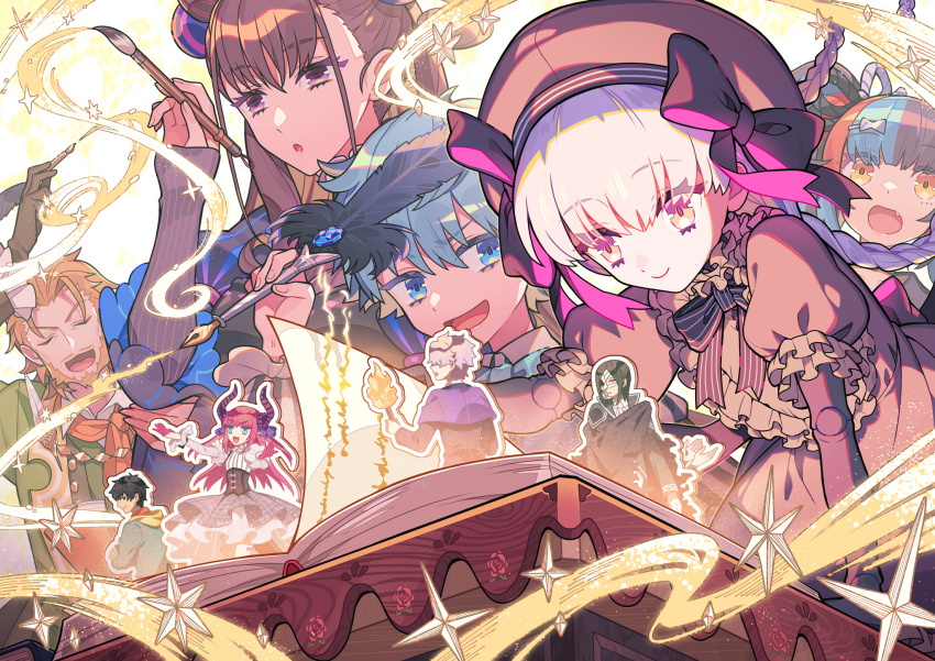 arash_(fate) beard blue_hair book bow braid brown_hair calligraphy_brush character_cutout commentary_request doll_joints elizabeth_bathory_(fate) elizabeth_bathory_(fate/extra_ccc) elizabeth_bathory_(second_ascension)_(fate) facial_hair fate/grand_order fate_(series) galahad_(fate) hans_christian_andersen_(fate) hat highres joints magic multicolored_hair murasaki_shikibu_(fate) nib_pen_(object) nursery_rhyme_(fate) oerba_yun_fang open_book paintbrush partial_commentary pen phantom_of_the_opera_(fate) puteru quill sei_shounagon_(fate) smile twin_braids white_hair william_shakespeare_(fate)