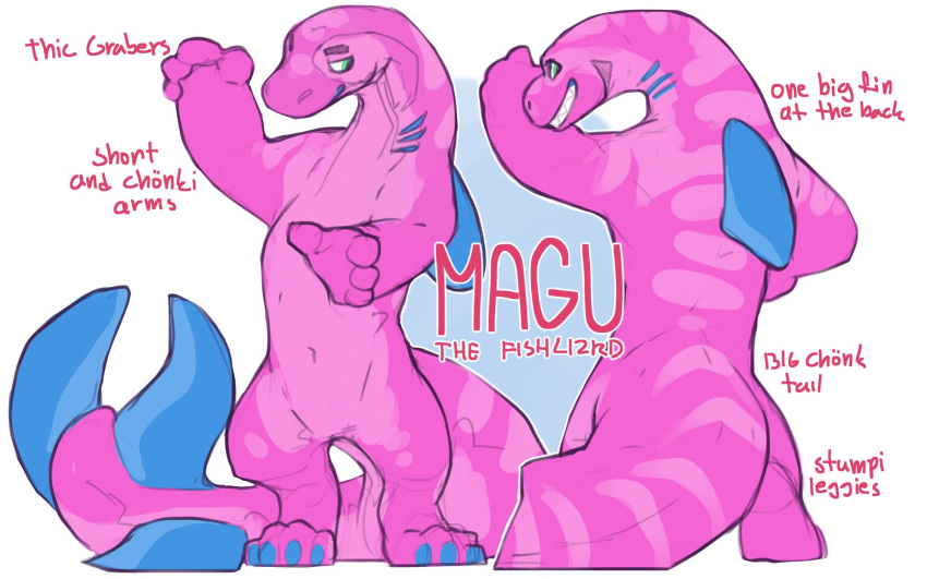 16:10 anthro blue_body blue_claws blue_fin blue_gills blue_scales claws english_text fin fish gills green_eyes hi_res magu male marine model_sheet multicolored_body multicolored_scales pink_body pink_scales pose redishdragie scales simple_background smile solo standing tail tail_fin teeth text thick_tail toe_claws two_tone_body two_tone_scales white_background widescreen