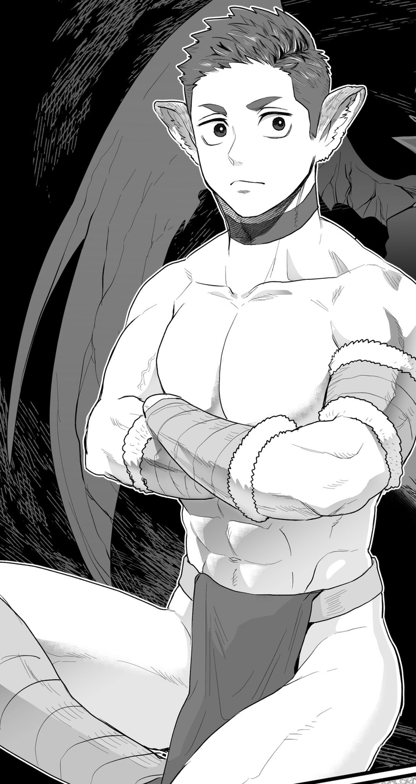 1boy abs animal_ear_request armband bara collar crossed_arms expressionless feet_out_of_frame greyscale highres leg_up looking_at_viewer machida_machi male_focus monochrome navel navel_hair nipples no_nipples original pectorals pelvic_curtain short_hair sideburns solo thick_eyebrows toned toned_male topless_male wings