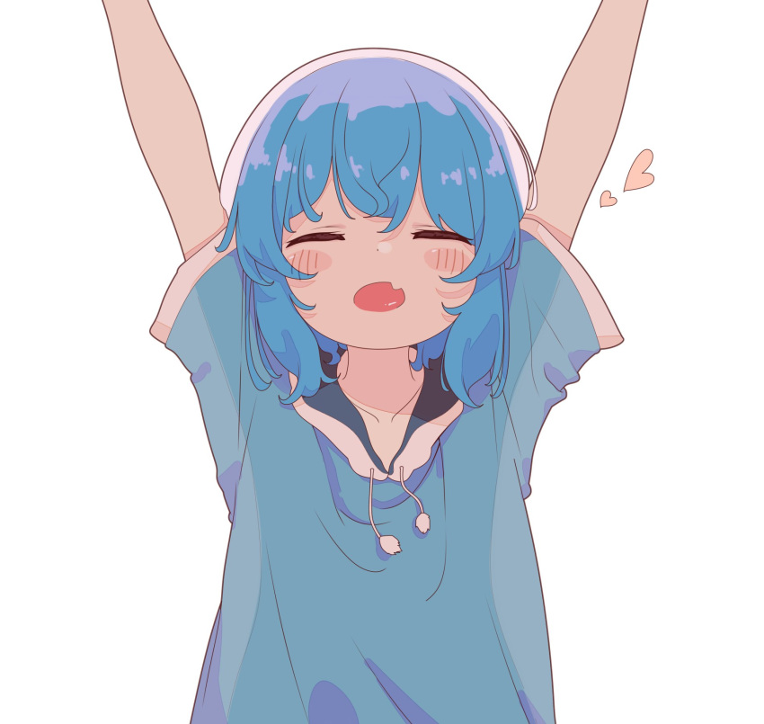 aoi_tori arms_up blue_hair blue_hoodie blush blush_stickers closed_eyes collarbone commentary dot_nose double-parted_bangs drawstring facing_viewer female flat_chest hair_strand heart highres hood hood_down hoodie medium_hair oerba_yun_fang open_mouth original outstretched_arms short_sleeves sidelocks simple_background skin_fang smile solo teru-chan_(aoi_tori) upper_body white_background