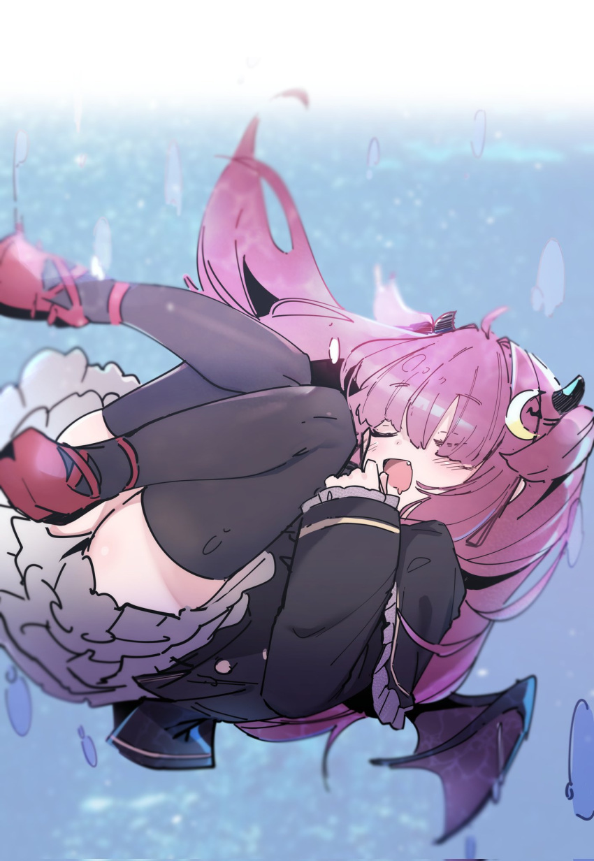 ahoge black_jacket black_thighhighs blush capelet closed_eyes crescent crescent_hair_ornament drooling falling female floating_hair hair_ornament highres horns jacket knees_together_feet_apart long_hair long_sleeves mouth_drool nijisanji oerba_yun_fang open_mouth pink_hair red_footwear shoes smile solo thighhighs utsusumi_kio virtual_youtuber wings yuzuki_roa yuzuki_roa_(1st_costume)