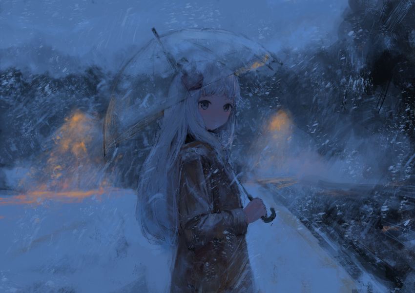 absurdres aikatsu!_(series) aikatsu_stars! as4kla blue_eyes female highres holding holding_umbrella jacket long_hair night outdoors shirogane_lily sidelocks snow snowing solo standing transparent transparent_umbrella umbrella white_hair winter