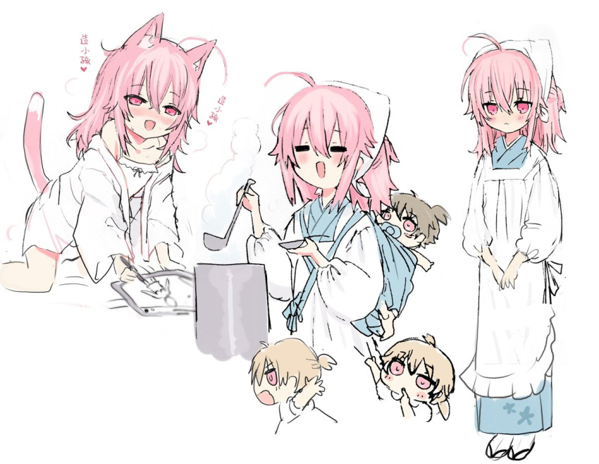 4girls :d ahoge animal_ear_fluff animal_ears apron bad_id bad_pixiv_id bare_shoulders blue_kimono blush blush_stickers brown_hair camisole cat_ears cat_girl cat_tail closed_eyes closed_mouth collarbone cooking_pot drawing_tablet dress finger_to_mouth head_scarf holding holding_stylus japanese_clothes kappougi kemonomimi_mode kimono ladle long_hair mother_and_daughter multiple_girls multiple_views nose_blush off_shoulder open_clothes open_shirt original pacifier pink_eyes pink_hair red_eyes running shiodome_oji shirt simple_background smile stylus tail translation_request white_apron white_background white_camisole white_dress white_shirt