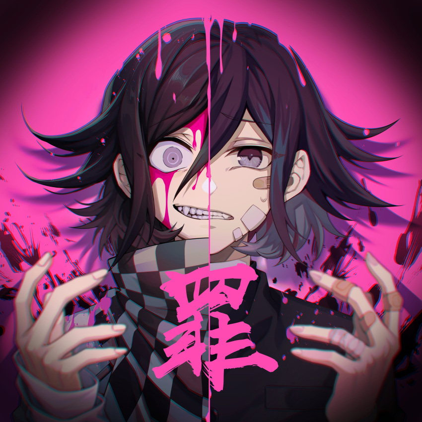 1boy absurdres bad_id bad_twitter_id bandaid bandaid_on_face bandaid_on_hand black_background black_eyes black_hair black_scarf blood blood_on_clothes blood_on_face checkered_clothes checkered_scarf danganronpa_(series) danganronpa_v3:_killing_harmony flipped_hair grey_scarf hands_up highres looking_at_viewer male_focus medium_hair nanin oerba_yun_fang oma_kokichi pink_background pink_blood portrait scarf sharp_teeth solo split_theme sweatdrop teeth translation_request