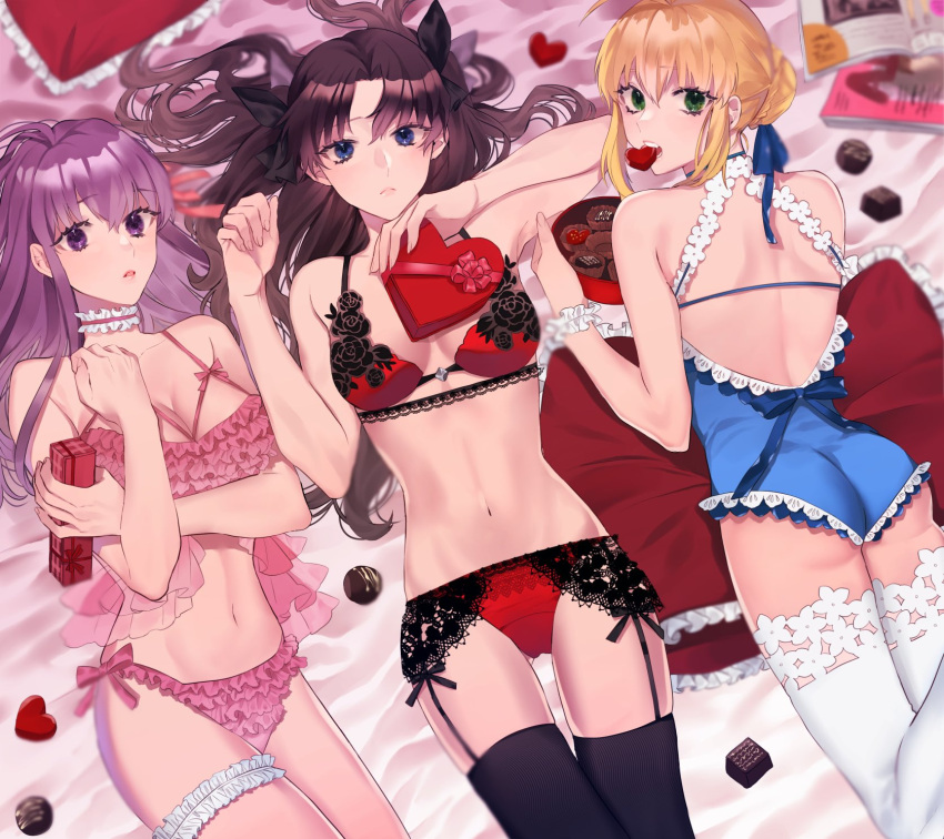 3girls alternate_costume artoria_pendragon_(fate) ass_visible_through_thighs bad_id bad_twitter_id blonde_hair box box_of_chocolates chocolate fate/stay_night fate_(series) food_in_mouth green_eyes heart heart-shaped_box highres lingerie looking_at_viewer lying matou_sakura mouth_hold multiple_girls panties purple_eyes purple_hair red_panties saber_(fate) shimatori_(sanyyyy) thighhighs tohsaka_rin twintails underwear underwear_only valentine white_thighhighs