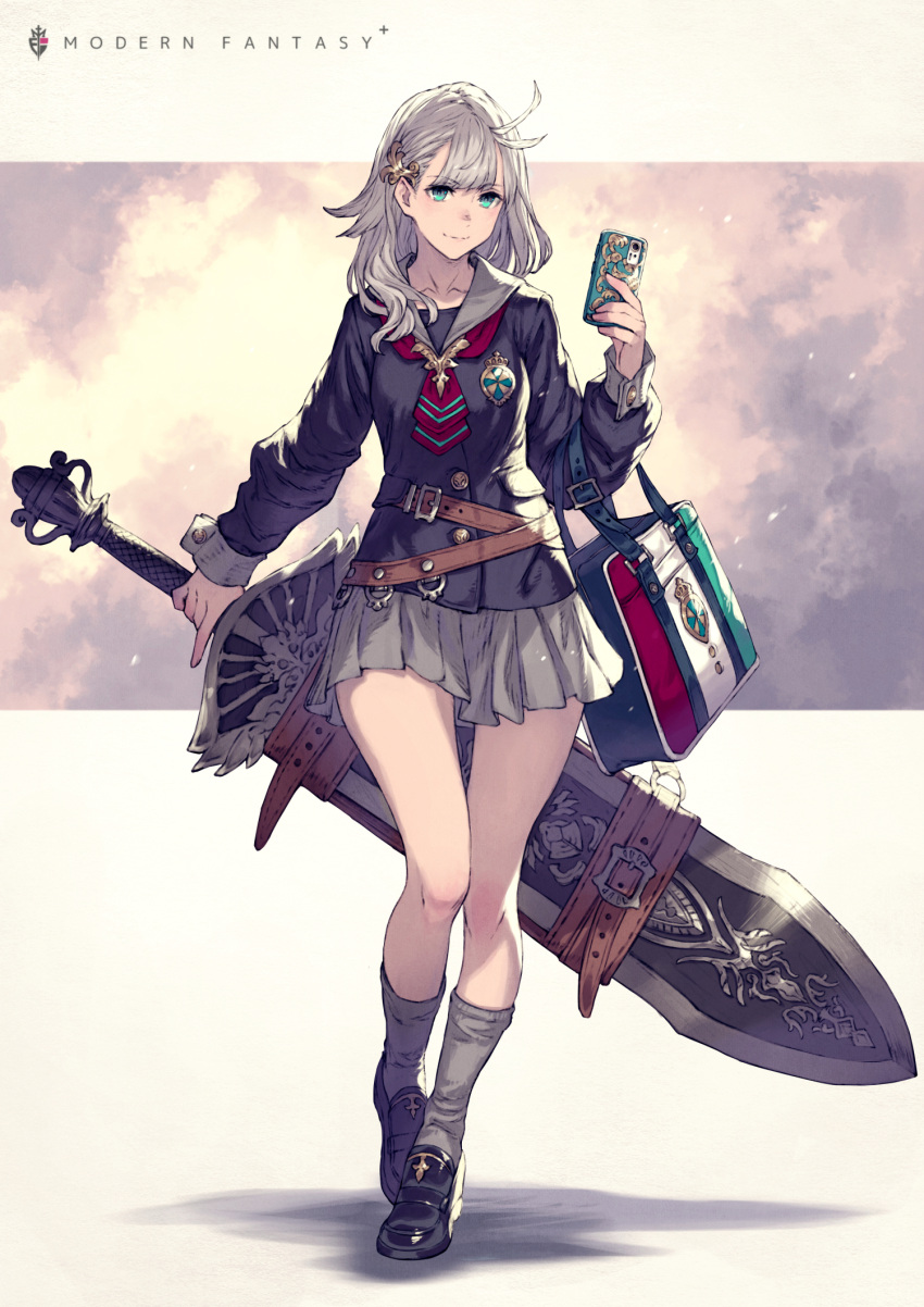 bag belt black_footwear brown_belt cellphone closed_mouth cloud cloudy_sky commentary_request female full_body green_eyes grey_hair grey_socks hair_ornament handbag highres holding holding_phone holding_sword holding_weapon huge_weapon kneehighs kusano_shinta long_hair long_sleeves looking_at_viewer neckerchief original phone pleated_skirt red_neckerchief revision sailor_collar school_uniform skirt sky smartphone smile socks solo standing striped striped_neckerchief sword title weapon yellow_background