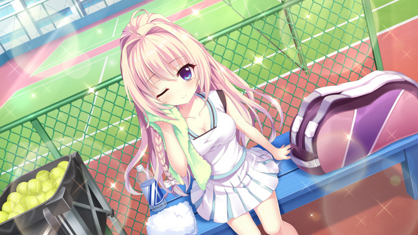 ahoge bag ball blonde_hair blue_eyes bottle braid breasts building chain-link_fence cleavage closed_mouth collarbone day dot_nose dutch_angle female fence film_grain from_above game_cg green_towel holding holding_towel izumi_tsubasu lens_flare long_braid long_hair looking_at_viewer medium_breasts mole mole_under_each_eye mole_under_eye multiple_moles non-web_source official_art on_bench one_eye_closed outdoors re:stage! shiratori_amaha_(re:stage!) single_braid sitting skirt smile solo sparkle sportswear sunlight sweat tennis_ball tennis_court tennis_net tennis_uniform towel water_bottle white_skirt white_towel wiping_sweat