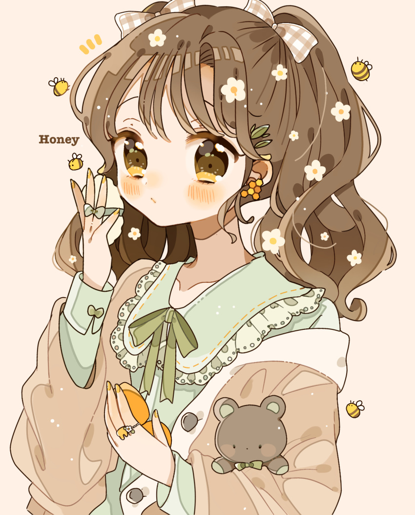 :/ absurdres bee bow brown_eyes brown_hair bug buttons collared_shirt compact_(cosmetics) earrings english_text female flower frilled_shirt_collar frills hair_ornament hairbow hairclip highres holding holding_stuffed_toy jewelry leaf_hair_ornament long_sleeves looking_at_viewer makeup nagihoko off_shoulder original powder_puff raised_eyebrows ribbon ring shirt sleeve_bow sleeve_cuffs solo stuffed_animal stuffed_toy sweater teddy_bear twintails wavy_hair yellow_blush yellow_eyes