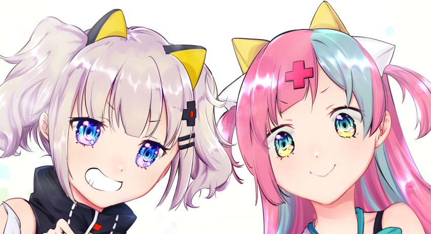 2girls bare_shoulders black_dress blue_eyes blue_hair bra_strap close-up closed_mouth collarbone commentary_request dress green_eyes grey_hair grin hair_ornament hairclip highres kaguya_luna long_hair looking_at_viewer multicolored_hair multiple_girls nikki_kyousuke pink_hair pinky_pop_hepburn portrait sidelocks simple_background sleeveless sleeveless_dress smile the_moon_studio twintails two-tone_hair two_side_up very_long_hair virtual_youtuber white_background