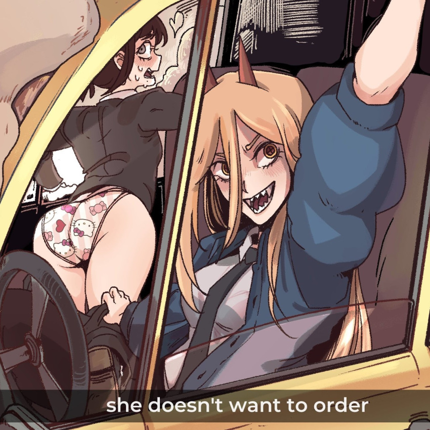 2girls ass assisted_exposure black_hair blonde_hair car chainsaw_man clothes_pull commentary demon_horns driving english_text hand_up he_wants_to_order_(meme) hello_kitty hello_kitty_(character) hello_kitty_print higashiyama_kobeni highres horns kobeni's_car_(chainsaw_man) kreadorsito looking_at_viewer meme motor_vehicle multiple_girls necktie open_mouth original panties pants pants_pull power_(chainsaw_man) print_panties red_horns sanrio sharp_teeth smoke snapchat speech_bubble steering_wheel sweatdrop teeth three_quarter_view underwear v window