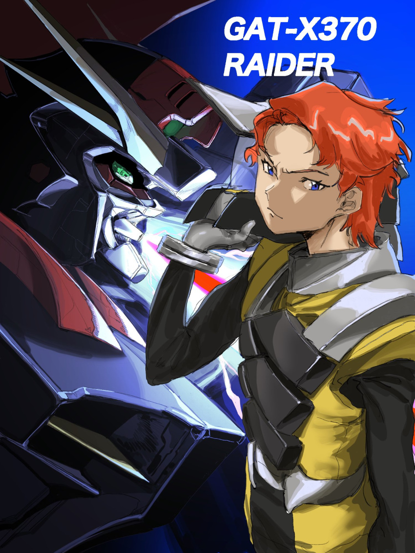 1boy bad_id bad_twitter_id blue_eyes clotho_buer green_eyes gundam gundam_seed hair_behind_ear helmet highres holding holding_helmet male_focus mecha mobile_suit normal_suit orange_hair orrdriver pilot_suit raider_gundam robot science_fiction unworn_headwear unworn_helmet v-fin