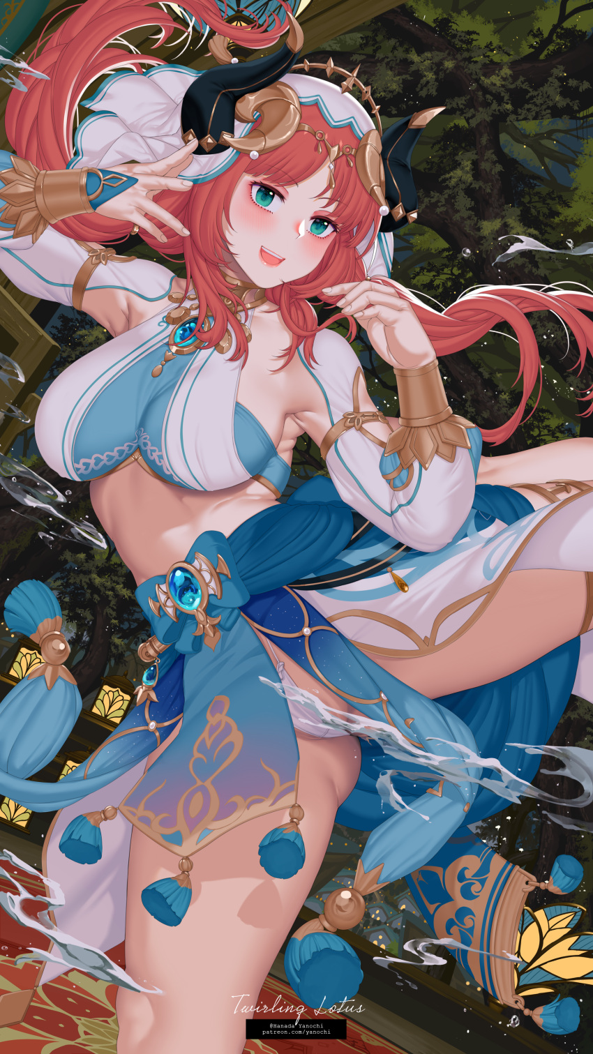 absurdres arm_up armlet armpits blue_skirt blush bracer breasts brooch dancer detached_sleeves fake_horns female forest genshin_impact green_eyes hair_ornament hanada_yanochi harem_outfit highres horns jewelry lantern large_breasts legs long_hair long_sleeves looking_at_viewer nature neck_ring nilou_(genshin_impact) open_mouth puffy_detached_sleeves puffy_long_sleeves puffy_sleeves red_hair sash sidelocks skirt smile solo thighs veil water