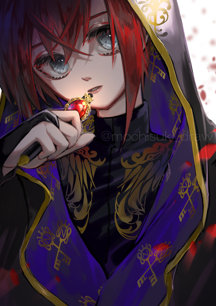 1boy absurdres grey_eyes hair_between_eyes highres hood key_print looking_at_viewer male_focus petals red_hair riddle_rosehearts simple_background twisted_wonderland twitter_username upper_body yufuyuruuu