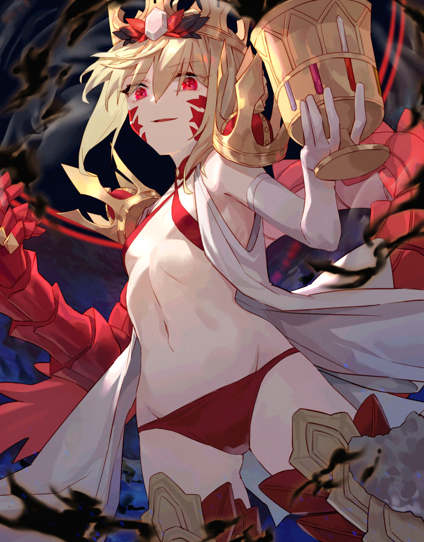 ass_visible_through_thighs blonde_hair breasts chalice crown cup elbow_gloves facial_mark fate/grand_order fate_(series) female from_below gauntlets gloves gold_crown halterneck head_tilt highres looking_at_viewer looking_down nero_claudius_(fate) pale_skin panties pointed_crown queen_draco_(fate) queen_draco_(second_ascension)_(fate) red_eyes red_panties small_breasts smile solo tesin_(7aehyun) underwear