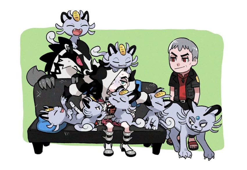 2boys alolan_meowth alolan_persian belt bike_shorts black_hair black_jacket boots closed_mouth commentary couch eyeshadow flip-flops green_eyes grey_eyeshadow grey_hair hair_over_one_eye hakinikui_kutsu_no_mise jacket long_hair makeup male_focus multicolored_hair multiple_boys nanu_(pokemon) obstagoon on_head open_clothes open_jacket pants piers_(pokemon) pokemon pokemon_(creature) pokemon_on_head pokemon_sm pokemon_swsh red_eyes red_shirt sandals shirt short_sleeves sitting sweatdrop symbol-only_commentary two-tone_hair white_hair