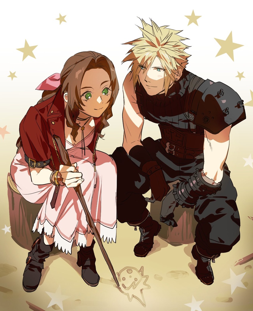 1boy aerith_gainsborough armor belt blonde_hair blue_eyes boots bracelet breasts brown_hair choker cloud_strife collaboration couple cropped_jacket drawing dress female final_fantasy final_fantasy_vii final_fantasy_vii_remake full_body gloves green_eyes hair_ribbon highres jacket jewelry log long_dress medium_breasts mikuroron multiple_belts parted_bangs pink_dress red_jacket ribbon shoulder_armor sidelocks sitting sleeveless sleeveless_turtleneck smile spiked_hair star_(symbol) stick straight suspenders talesofmea turtleneck