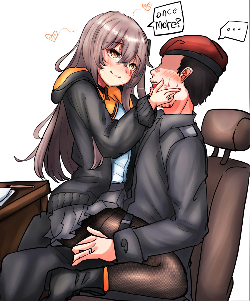 ... 1boy absurdres after_kiss beret black_footwear black_hair black_jacket black_pants black_shirt black_skirt blush brown_hair brown_legwear chair collared_shirt commander_(girls'_frontline) english_commentary english_text facial_hair female girls'_frontline hand_on_another's_face hat heart highres husband_and_wife jacket jewelry lipstick_mark long_hair office_chair one_side_up pants pantyhose paper pen peroronti ring saliva saliva_trail scar scar_across_eye shaded_face shirt short_hair simple_background sitting sitting_on_person skirt speech_bubble spoken_ellipsis straight strap stubble sweatdrop swivel_chair table ump45_(girls'_frontline) very_short_hair white_shirt yellow_eyes