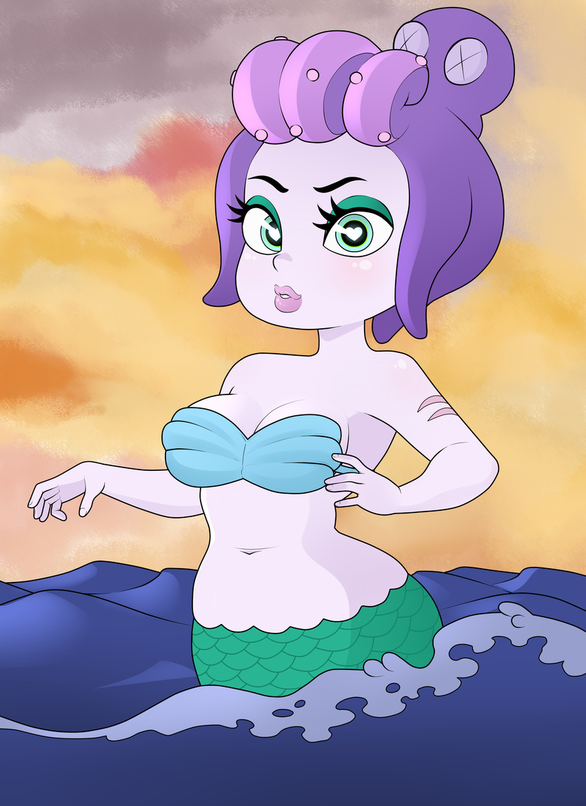 a_rodjim absurdres blue_eyes breasts cala_maria_(cuphead) cuphead_(game) female giantess heart-shaped_pupils highres looking_at_viewer mermaid monster_girl navel ocean purple_hair shell_bikini sky solo tentacle_hair water white_skin