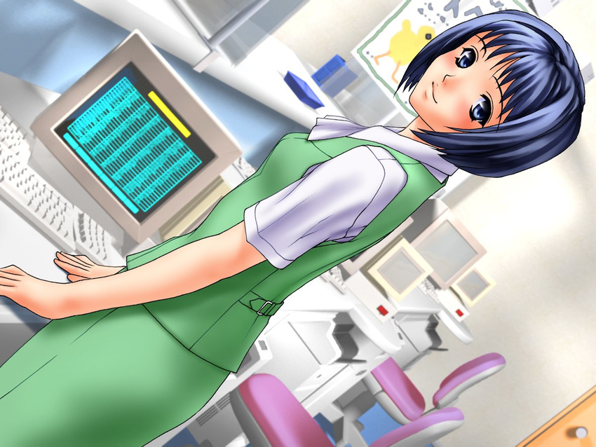 blue_eyes blue_hair blush computer game_cg joy_ride libido looking_at_viewer looking_back office office_lady short_hair