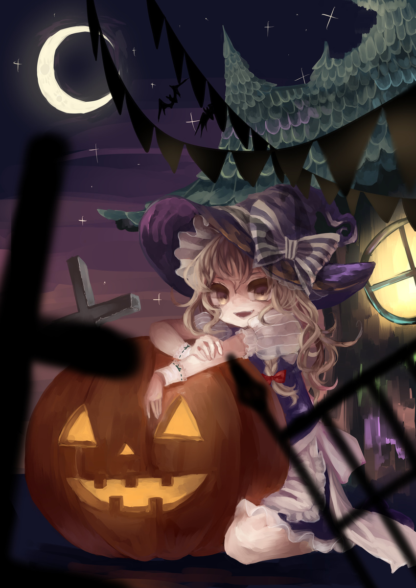 absurdres apron arm_rest bat_(animal) blonde_hair bow braid commentary_request crescent_moon cross female hairbow halloween hat hat_bow highres house ijen_(ljenejl) jack-o'-lantern kirisame_marisa long_hair looking_at_viewer moon night night_sky open_mouth outdoors pennant puffy_short_sleeves puffy_sleeves short_sleeves side_braid single_braid sitting sky smile solo string_of_flags striped striped_bow touhou waist_apron wariza window witch_hat wrist_cuffs yellow_eyes