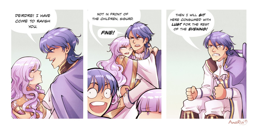 2boys 2girls ana_rui bad_id bad_twitter_id blue_eyes blue_hair blush cape deirdre_(fire_emblem) dress english_text father_and_daughter father_and_son fire_emblem fire_emblem:_genealogy_of_the_holy_war fire_emblem_heroes hark_a_vagrant highres julia_(fire_emblem) light_purple_hair long_hair mother_and_daughter multiple_boys multiple_girls parody purple_eyes purple_hair seliph_(fire_emblem) short_hair sigurd_(fire_emblem) smile very_long_hair