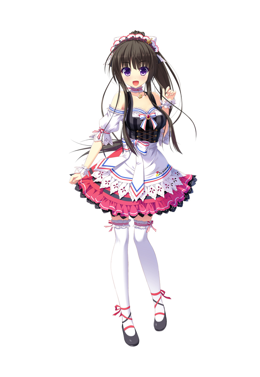 ameto_yuki ankle_ribbon black_hair blush bow collar dress female female frilled_skirt frills full_body hair_ornament hair_ribbon hairbow hooksoft ichinose_sora lace lace_trim looking_at_viewer mary_janes official_art ponytail pure_x_connect purple_eyes ribbon shiny_skin skirt smee solo standing straight_hair thighhighs transparent_background transparent_png very_long_hair waitress waitress_uniform white_legwear zettai_ryouiki