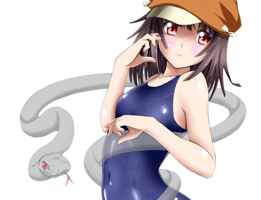 brown_eyes brown_hair commentary_request female hat highres kuchinawa meteo-impact monogatari_(series) one-piece_swimsuit school_swimsuit sengoku_nadeko shiny_clothes short_hair snake solo swimsuit