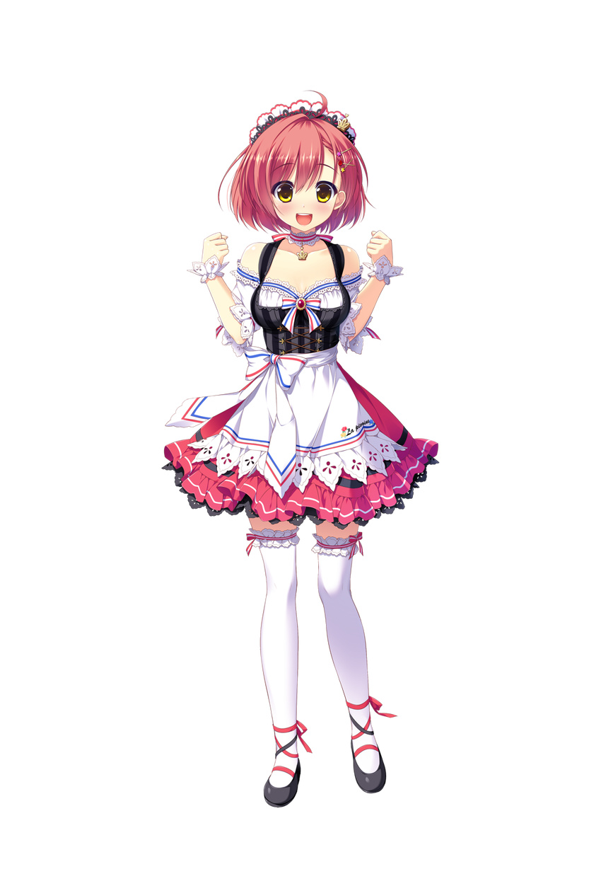 ahoge ameto_yuki ankle_ribbon blush bow collar doumyouji_moemi dress female female frilled_skirt frills full_body hair_ornament hairpin hooksoft lace lace_trim looking_at_viewer mary_janes official_art pure_x_connect red_hair ribbon shiny_skin short_hair skirt smee solo standing straight_hair thighhighs transparent_background transparent_png waitress waitress_uniform white_legwear yellow_eyes zettai_ryouiki