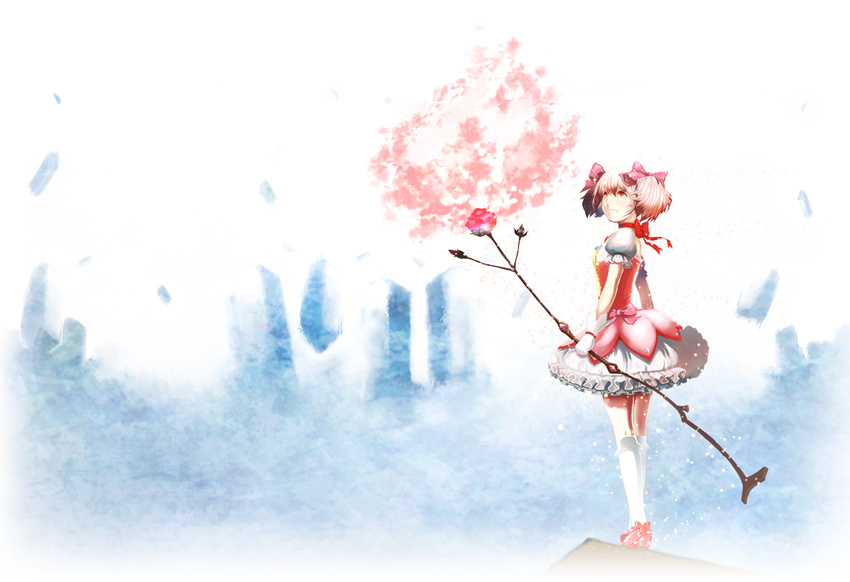 bow bow_(weapon) bubble_skirt choker commentary_request destruction dress female flower frills hair_ribbon kaname_madoka kaname_madoka_(magical_girl) magical_girl mahou_shoujo_madoka_magica mahou_shoujo_madoka_magica_(anime) photoshop_(medium) pink_eyes pink_hair ribbon rose short_twintails skirt solo takemaru08 twintails weapon