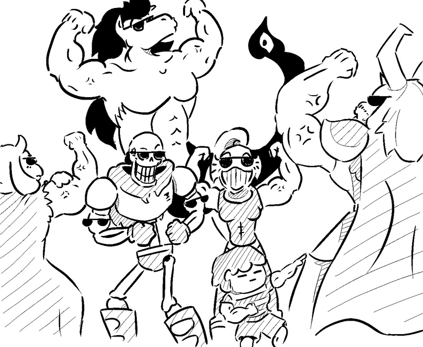 2015 aaron_(undertale) animated_skeleton anthro asgore_dreemurr bone boss_monster_(undertale) bovid caprine digital_media_(artwork) eyewear female fish flexing frisk_(undertale) group horn human male mammal marine monochrome muscular papyrus_(undertale) skeleton sunglasses toriel undead undertale undertale_(series) undyne unknown_artist