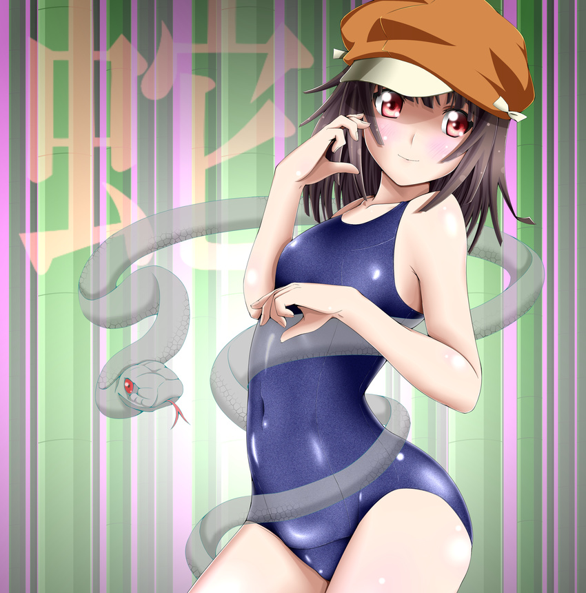 absurdres brown_eyes brown_hair commentary_request female hat highres kuchinawa meteo-impact monogatari_(series) one-piece_swimsuit school_swimsuit sengoku_nadeko shiny_clothes short_hair snake solo swimsuit