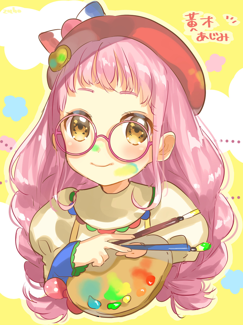 absurdres bad_id bad_pixiv_id blush brown_eyes dirty female glasses hair_ribbon hat highres kiki_ajimi long_hair long_sleeves paintbrush palette_(object) pink_hair pretty_series pripara ribbon round_eyewear smile solo zuho_(vega)