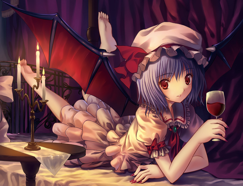 blue_hair devil_wings dress glass hat red_eyes remilia_scarlet ribbon touhou wine wings