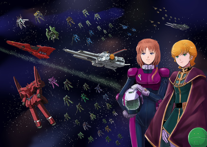 bodysuit breasts brown_hair cape commentary_request gacha-m gloves green_eyes gundam gundam_unicorn haro helmet kshatriya long_hair marida_cruz mecha military military_uniform mineva_lao_zabi multiple_girls neo_zeong orange_hair photoshop_(medium) pilot_suit ponytail robot short_hair space spacecraft uniform