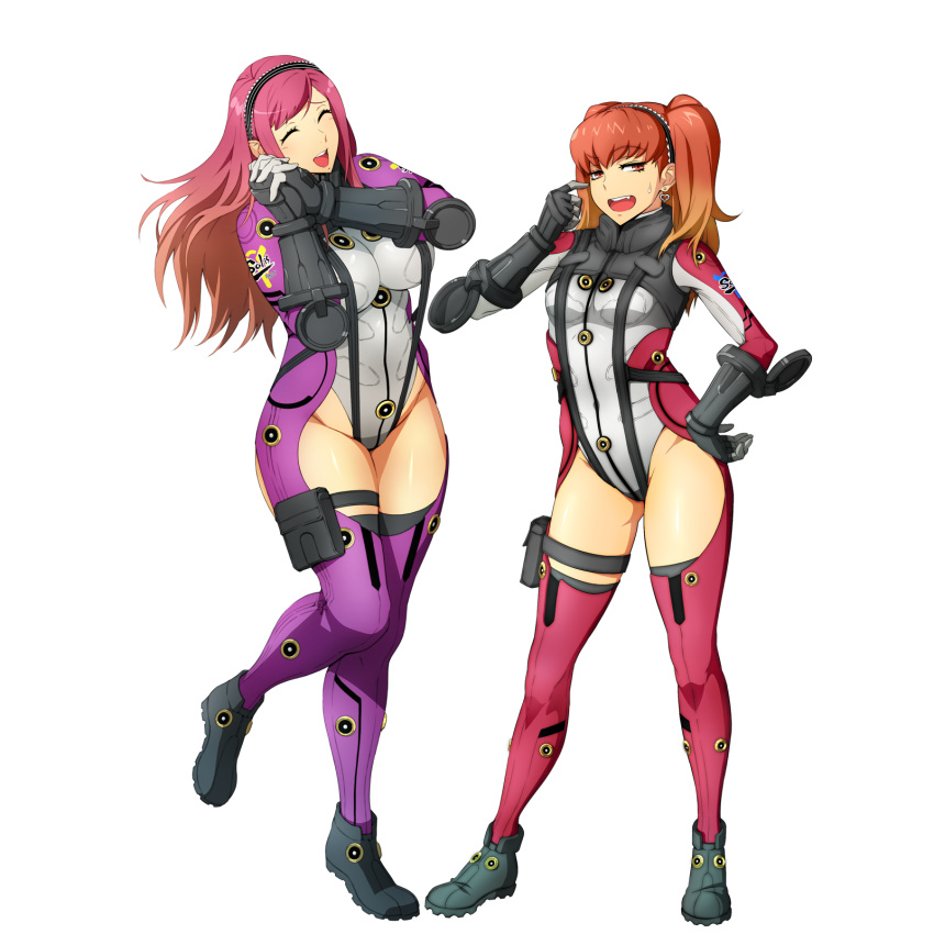 2girls bertha_bernstein bodysuit closed_eyes dorte_driessen earrings full_body gloves gradient_hair hairband hand_on_own_hip heart heart_earrings highres holster jewelry long_hair looking_at_viewer multicolored_hair multiple_girls oerba_yun_fang official_art open_mouth orange_hair own_hands_together red_hair standing super_robot_wars super_robot_wars_x-omega sweatdrop transparent_background twintails two-tone_hair watanabe_wataru_(character_designer)