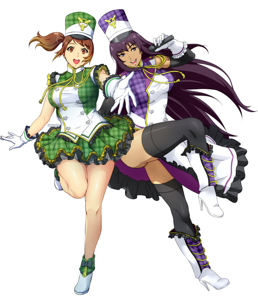 2girls :d absurdres amanomiya_ayame arm_up band_uniform black_legwear boots bow breasts brown_eyes brown_hair buttons dress elbow_gloves footwear_bow frilled_footwear frilled_gloves frilled_skirt frills full_body gloves green_dress hair_ornament hairclip hat heart_button high_heels highres holding holding_microphone layered_gloves leg_up long_hair looking_at_viewer microphone multiple_girls official_art olive_oppert open_mouth outstretched_arm petticoat plaid plaid_dress plaid_footwear plaid_headwear purple_dress purple_eyes purple_hair reaching reaching_towards_viewer shako_cap shoes side-by-side side_ponytail skirt sleeveless sleeveless_dress smile standing standing_on_one_leg super_robot_wars super_robot_wars_x-omega thighhighs transparent_background unmoving_pattern very_long_hair watanabe_wataru_(character_designer) white_footwear white_gloves