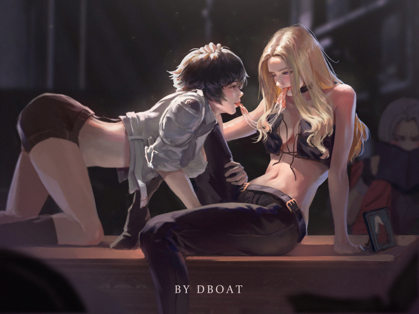 1boy 2girls absurdres all_fours artist_name bare_shoulders belt black_hair blonde_hair blurry blurry_background blush breasts cleavage commentary cropped_jacket dante_(devil_may_cry) dark_background dboat desk devil_may_cry_(series) devil_may_cry_5 eva_(devil_may_cry) eye_contact food grey_hair hand_on_another's_head highres hugging_another's_leg lady_(devil_may_cry) leather leather_pants light light_rays long_hair looking_at_another multiple_girls pants peeping picture_frame pizza reading shared_food short_hair short_shorts shorts smile trish_(devil_may_cry) untied yuri